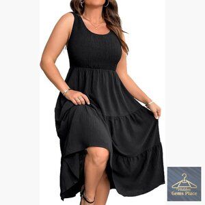Plus Size Sleeveless Smocked Midi Dress Casual Summer Beach Tiered Flowy
